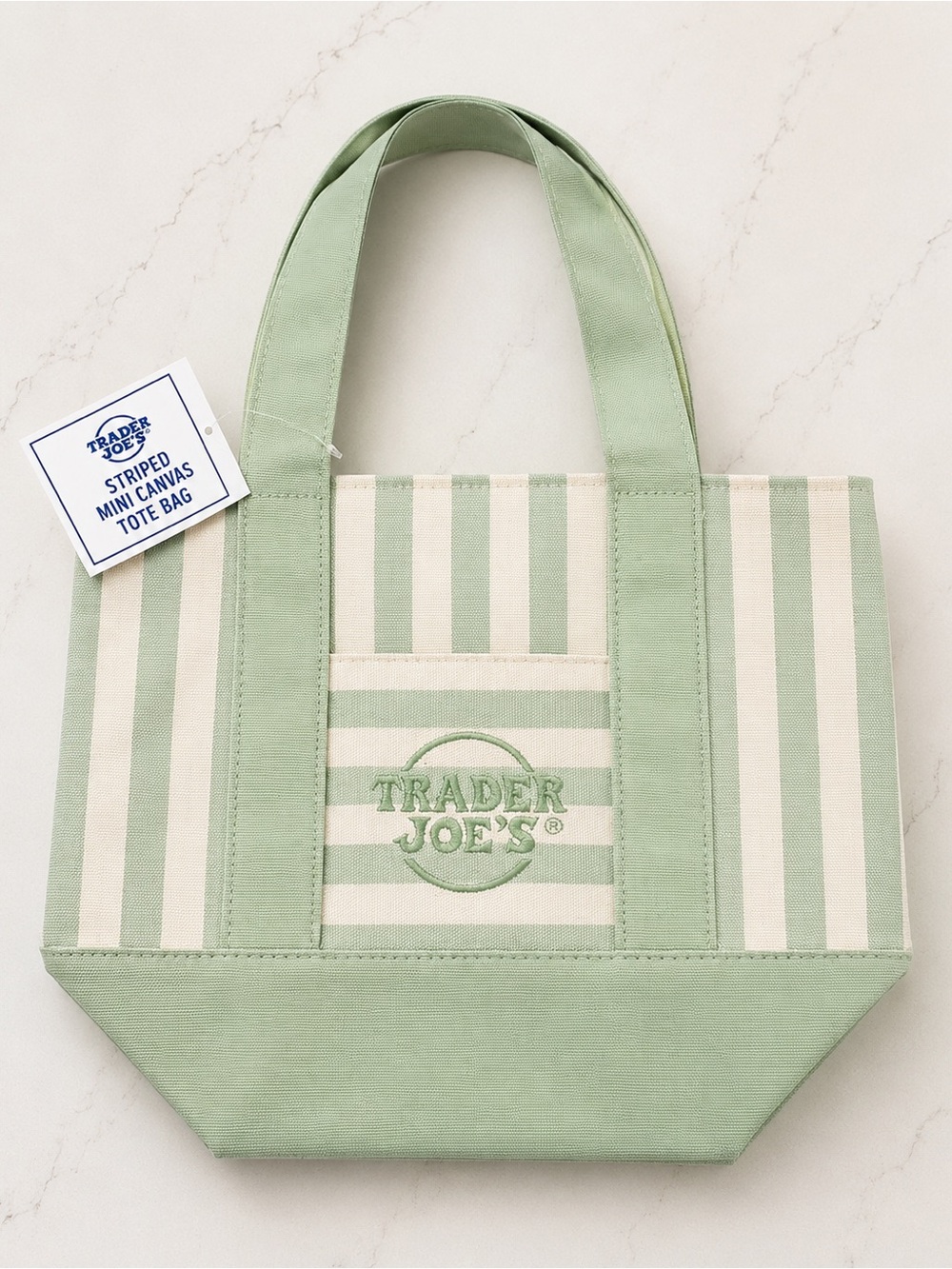 Trader Joe’s Light Green Canvas Mini Striped Tote Bag